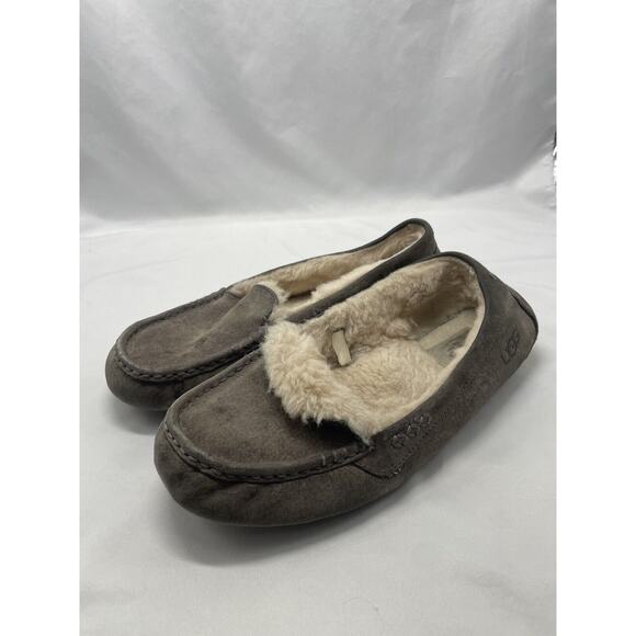 UGG Ansley Taupe Suede Sheepskin Lined Moc Toe Slippers Women’s Size 10 - Picture 1 of 10